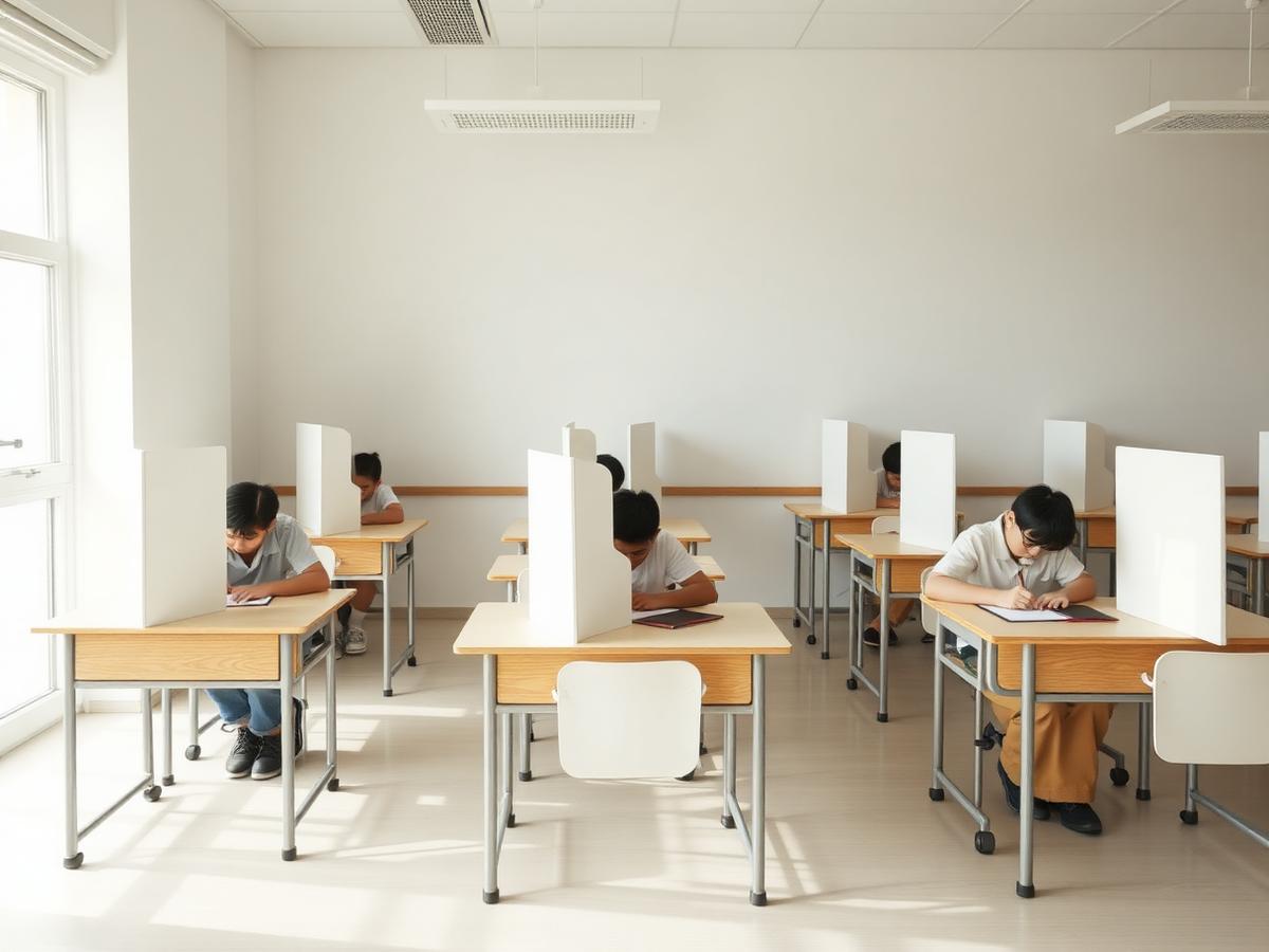 Aula con paneles divisorios blancos colocados sobre cada pupitre durante un examen