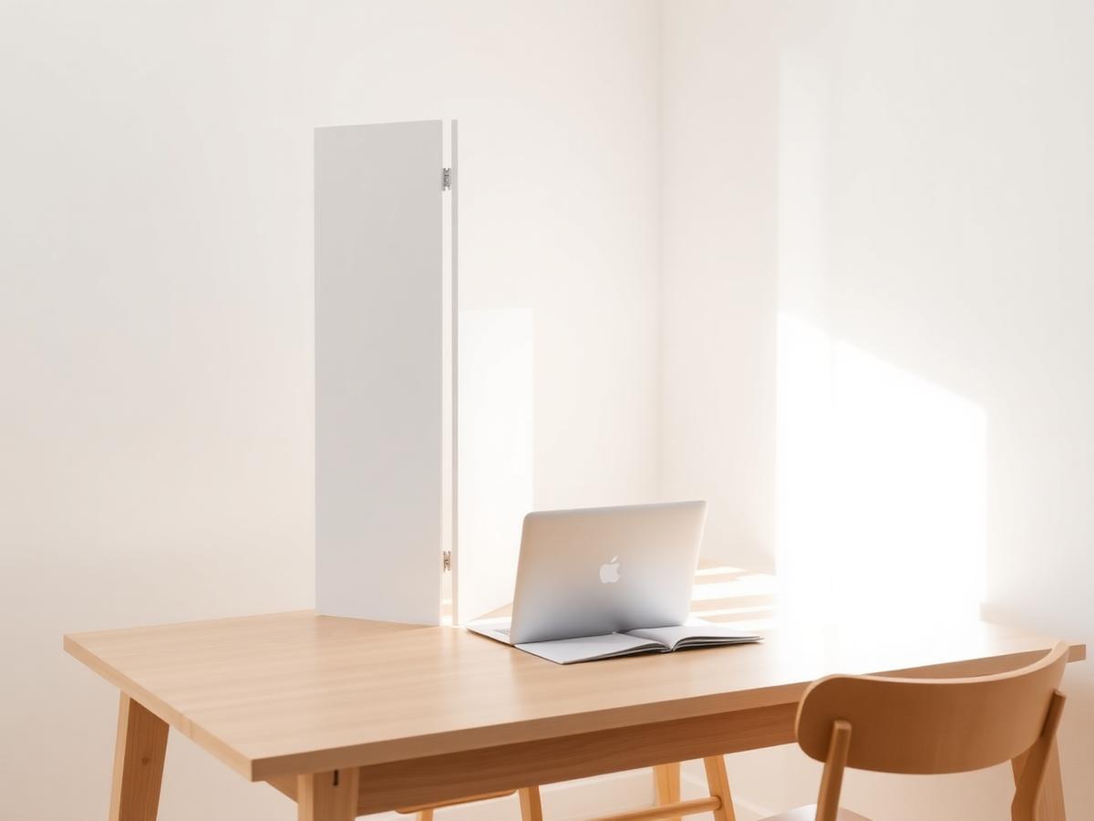 Mesa de comedor convertida en espacio de estudio individual con un panel divisorio blanco